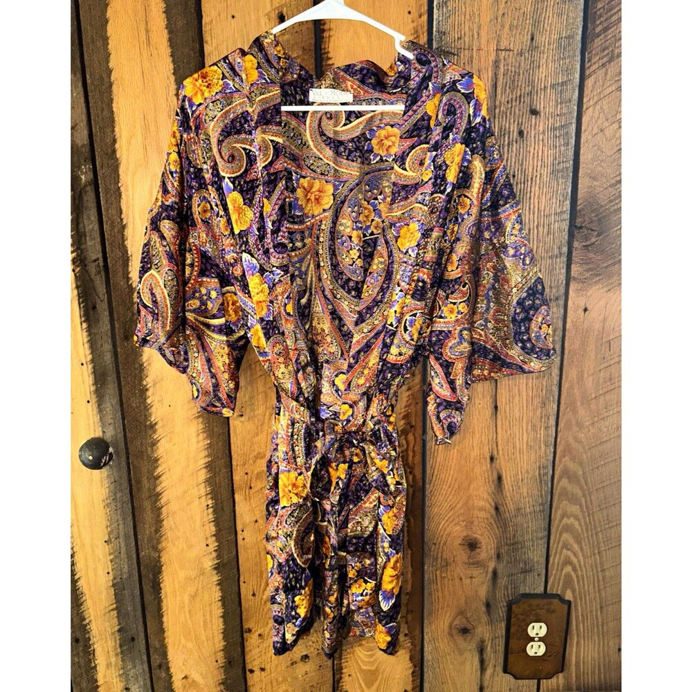 New Val Mode Lingerie Womens Paisley Kimono Robe Tie 3/4 Sleeve M